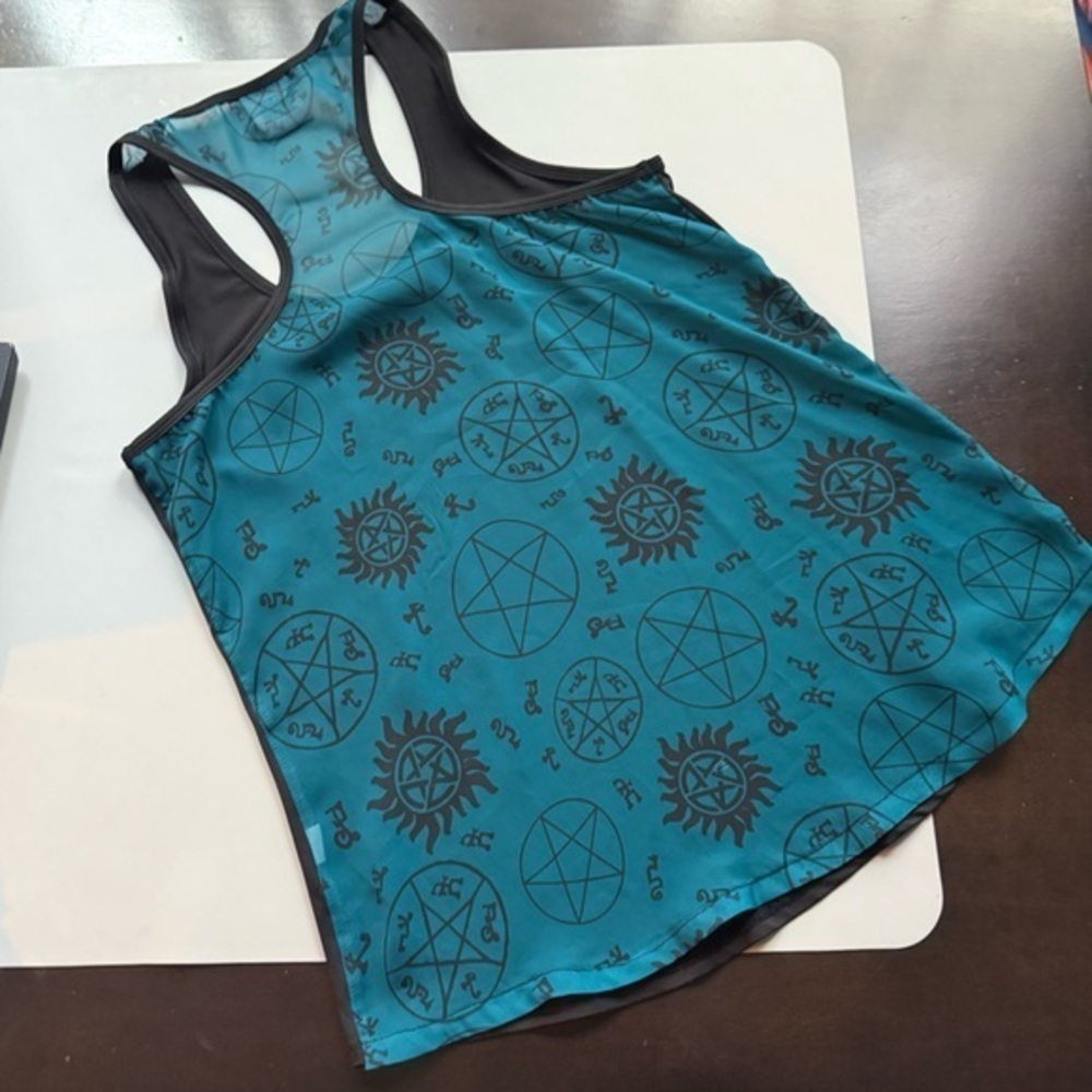 Supernatural Occult Print Racerback Tank Top Womens Black Teal Small Celestial